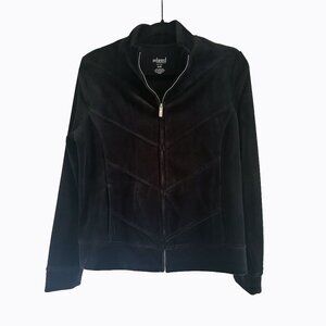 Black Velvet Velour Zip Chevron Texture Cotton Sporty Comfy Athleisure Jacket PM